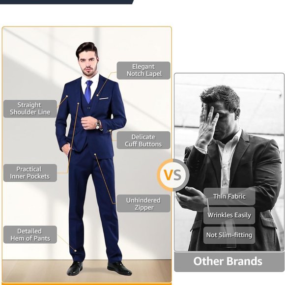 Men's Slim Fit 2 Piece Suit, One Button Solid Jacket Pants Set with Tie - Picture 4 of 6